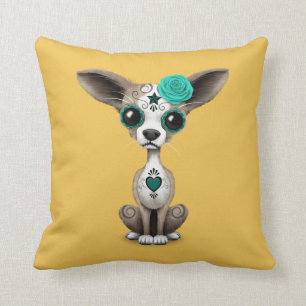 Blue Day of the Dead Sugar Skull Chihuahua Puppy Cushion
