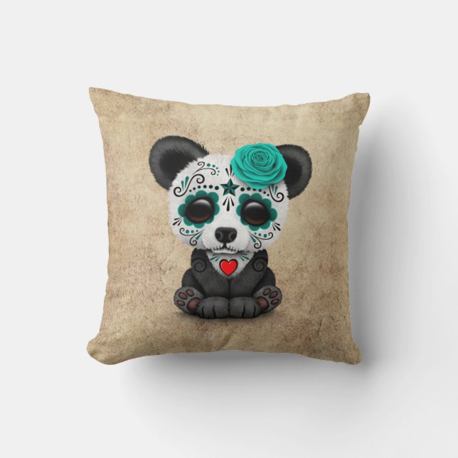 Blue Day of the Dead Sugar Skull Panda Aged Cushion (Front)