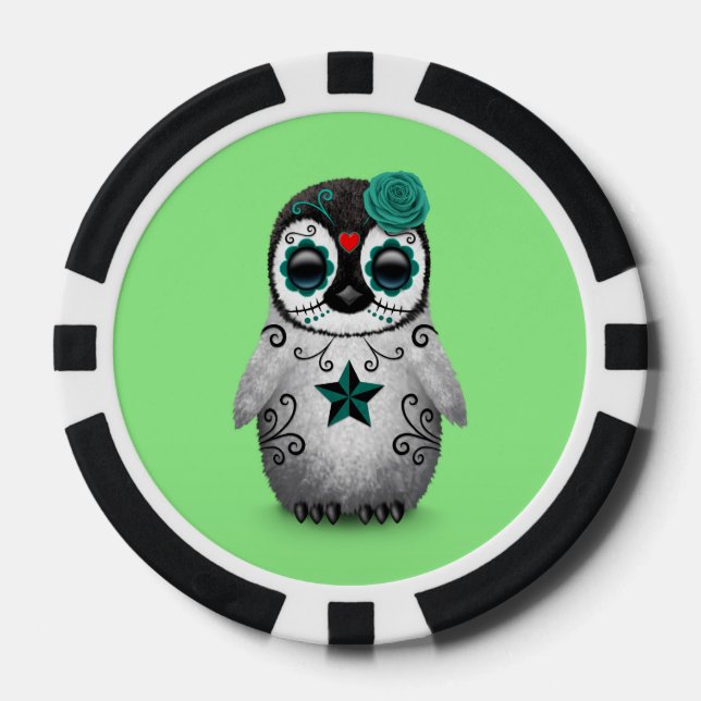 Blue Day of the Dead Sugar Skull Penguin Green Poker Chips (Front)