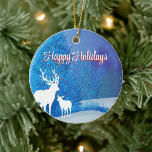 Blue Day with Reindeer Ceramic Ornament