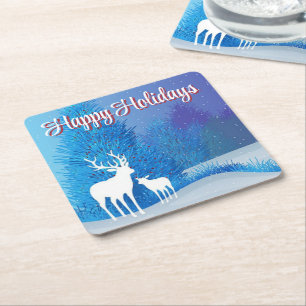 Blue Day with Reindeer Square Paper Coaster