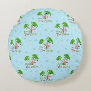 Blue Deck The Palms Tropical Christmas Santa Flami Round Cushion