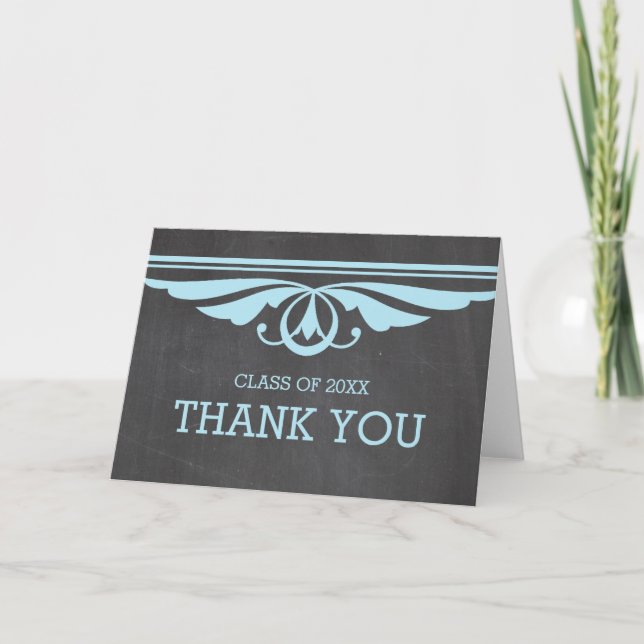 Blue Deco Chalkboard Graduation Thank You Card (Front)