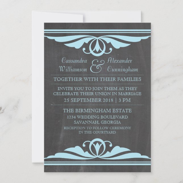 Blue Deco Chalkboard Wedding Invite (Front)