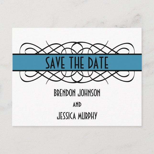 Blue Deco Flourish Save the Date Postcard (Front)