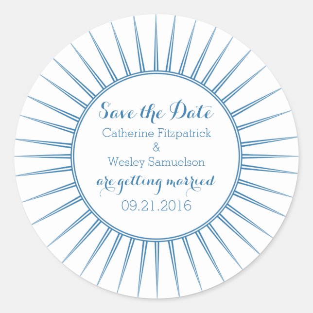 Blue Deco Retro Save the Date Stickers (Front)