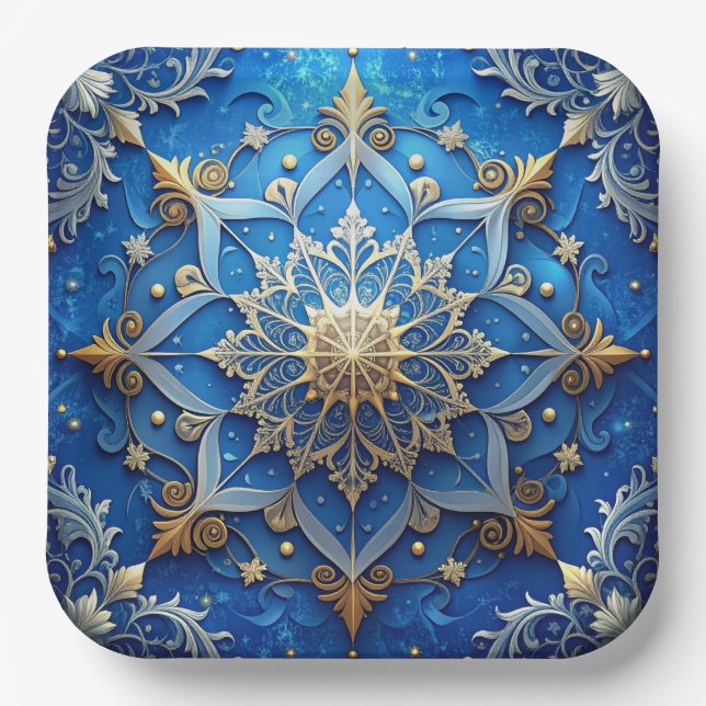 Blue Decorative Christmas Holiday Paper Plate (Front)