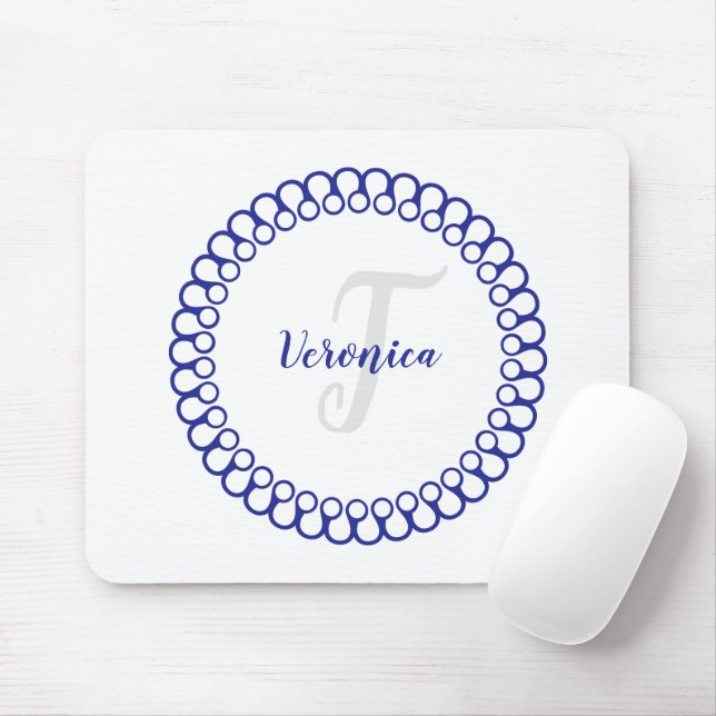 Blue Decorative Circle Monogram Mouse Pad (With Mouse)