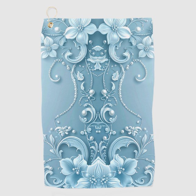 Blue Decorative Floral Golf Towel (Front)