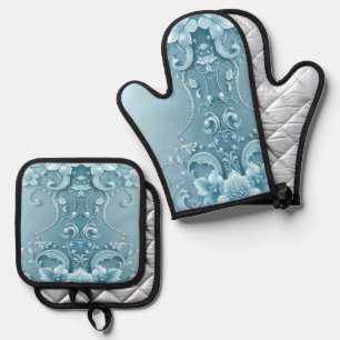 Blue Decorative Floral Oven Mitt & Pot Holder Set