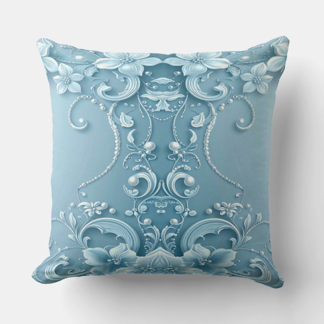 Blue Decorative Floral Throw Pillow (Front)