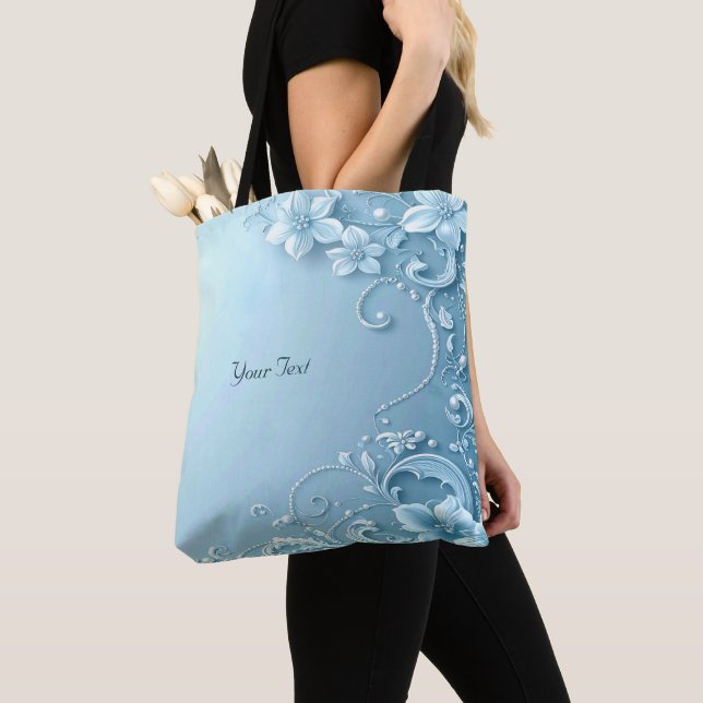Blue Decorative Floral Tote Bag (Close Up)