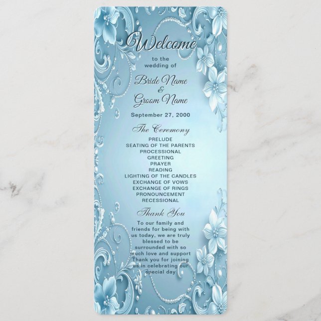 Blue Decorative Floral Wedding Program (Front)