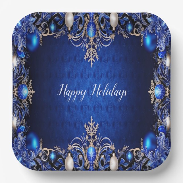 Blue Decorative Holiday Paper Plate (Front)