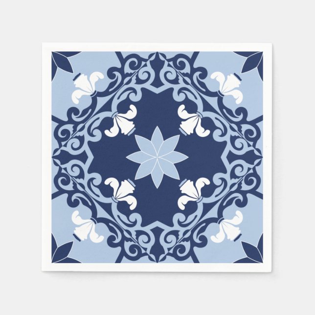 Blue decorative ornamental Moroccan geometric tile Napkin (Front)