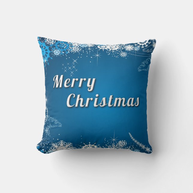 Blue Decorative Snow Glitter Merry Christmas Cushion (Front)
