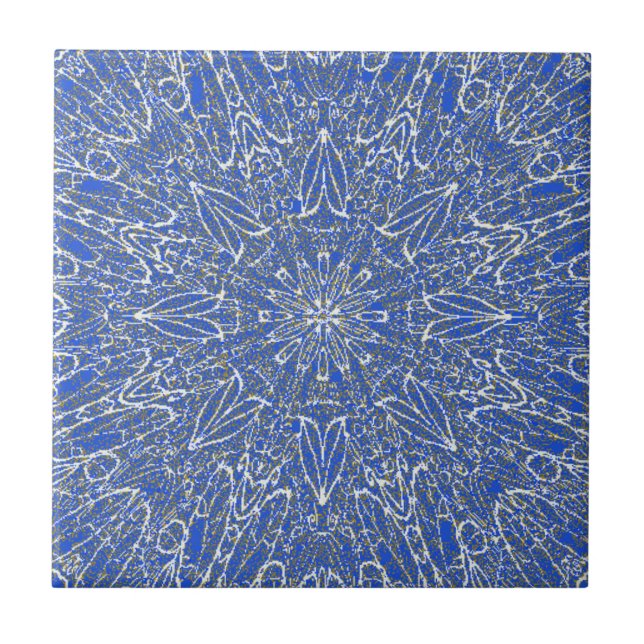 Blue deep white gold geometric star wheel design ceramic tile (Front)