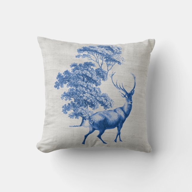 Blue Deer on Grey Canvas Grain Sack Throw Pillow (Front)