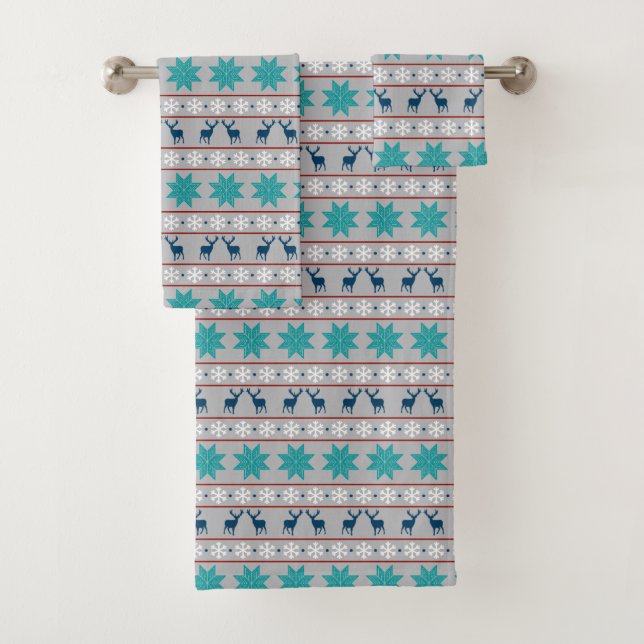 Blue Deer Snowflake Nordic Pattern Bath Towel Set (Insitu)