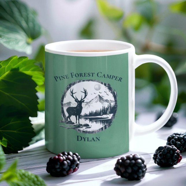 Blue Deer Woods & Mountains Custom Text & Name Coffee Mug (Creator Uploaded)