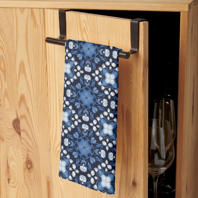 Blue Delft Bloom – Blue Floral Tile Pattern Tea Towel (Thirds Fold)