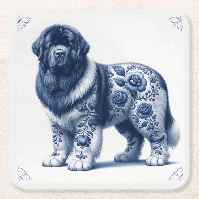 Blue Delft Landseer Newfoundland Square Paper Coaster (Front)