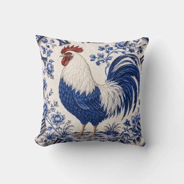 Blue Delft Rooster Farmhouse Cushion (Front)
