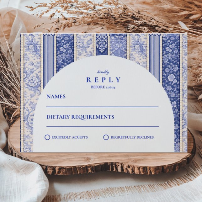 Blue Delft Tile Patchwork Wedding RSVP Card (Creator Uploaded)