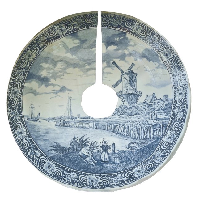 Blue Delft Windmill Dutch Plate Brushed Polyester Tree Skirt (Front)
