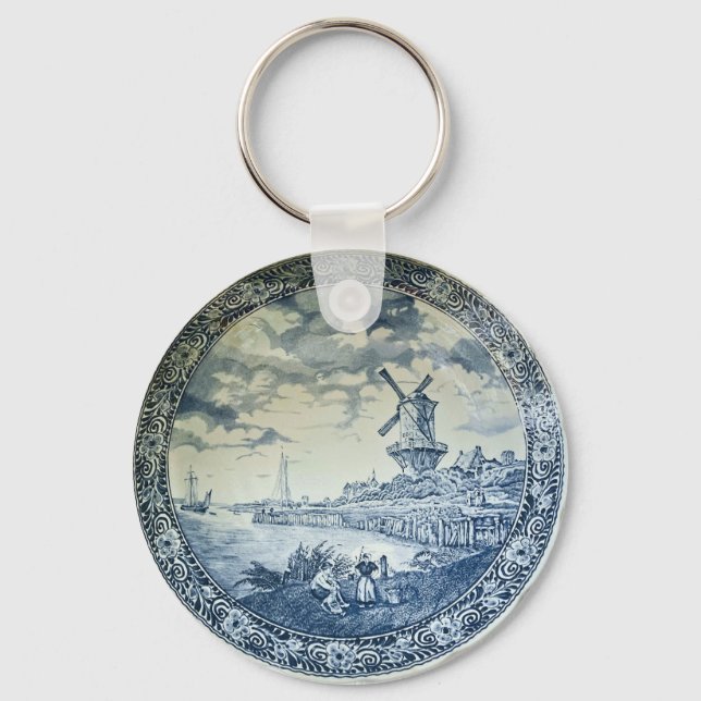 Blue Delft Windmill Dutch Plate Key Ring (Front)