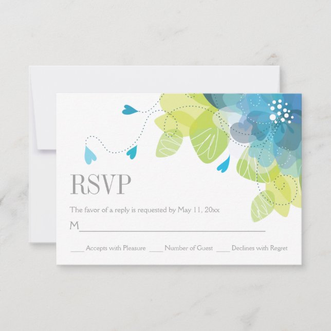 Blue delicate spring flowers floral wedding RSVP (Front)