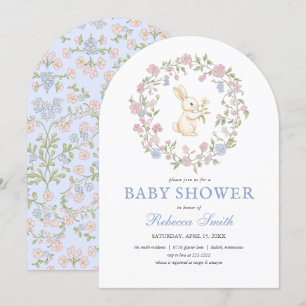 Blue Delicate Vintage Floral Bunny Baby Shower Invitation