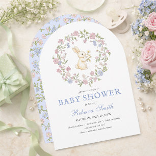 Blue Delicate Vintage Floral Bunny Baby Shower Invitation