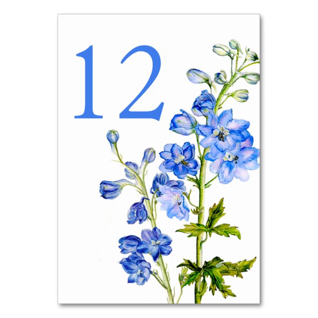 Blue delphinium art wedding table numbers (Back)
