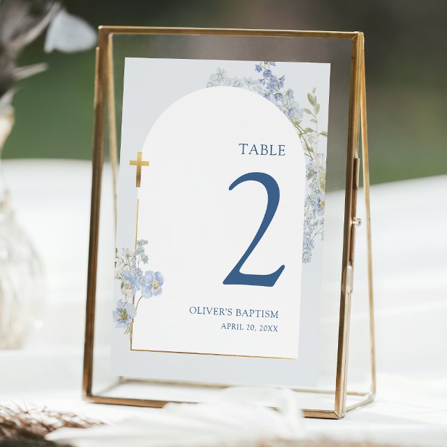 Blue Delphinium Floral Boy Baptism Table Number (Creator Uploaded)