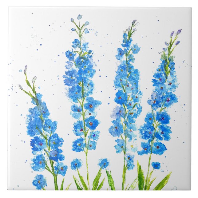 Blue delphinium floral watercolor elegant rustic ceramic tile (Front)