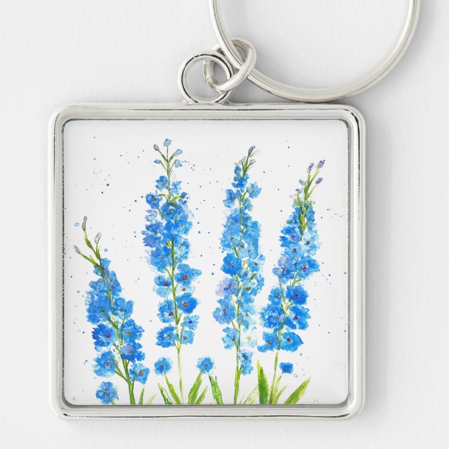 Blue delphinium floral watercolor elegant rustic key ring (Front)