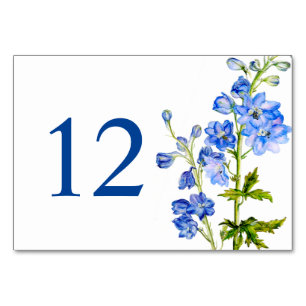 Blue delphinium flower art wedding table number