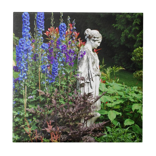 Blue delphinium flower garden and statue ceramic tile (Front)