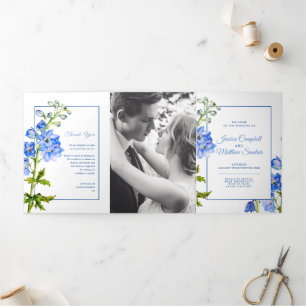 Blue delphinium flowers watercolor wedding Tri-Fol Tri-Fold Programme