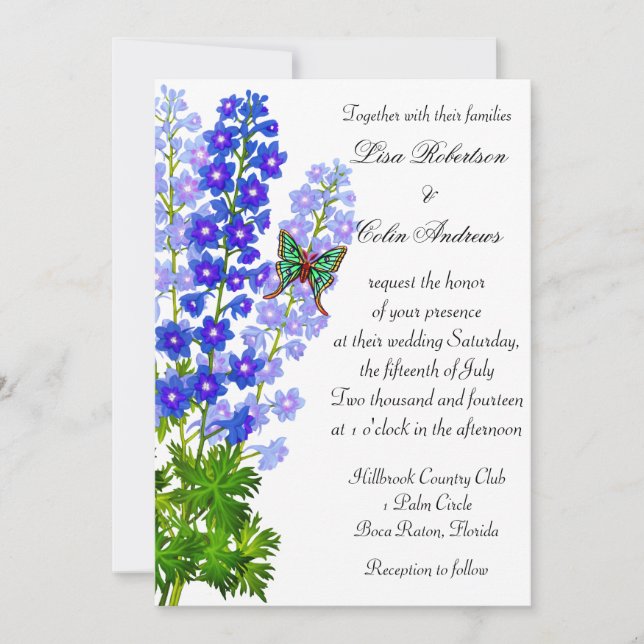 Blue Delphinium Flowers Wedding Invitation (Front)