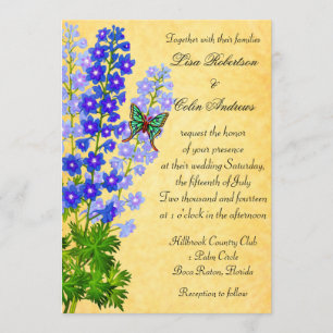 Blue Delphinium Flowers Wedding Invitation Gold
