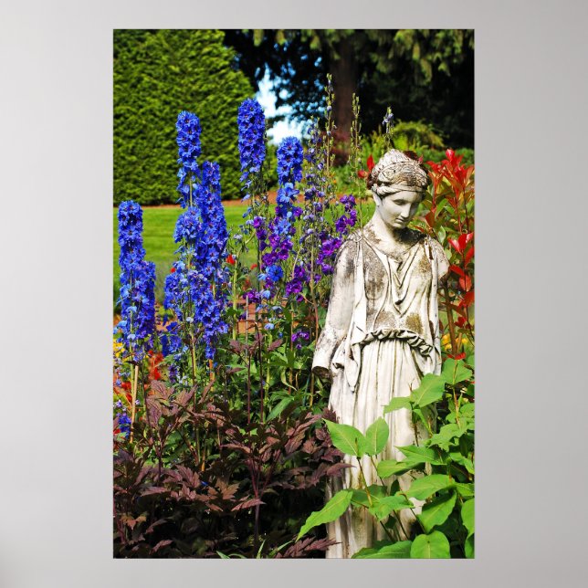 Blue delphinium garden and greek goddess statue poster (Front)