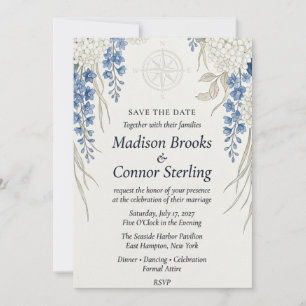 Blue Delphinium, Hydrangea, Compass, and Watercolo Invitation