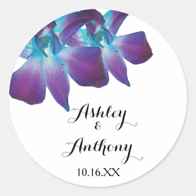 Blue Dendrobium Orchid Wedding  Classic Round Sticker (Front)