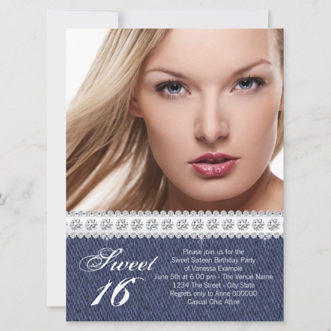 Blue Denim and Diamond Sweet Sixteen Party Invitation (Front)