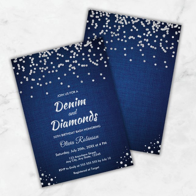 Blue Denim and Diamonds 50th Birthday  Invitation (Blue Denim and Diamonds 50th Birthday Invitation   )