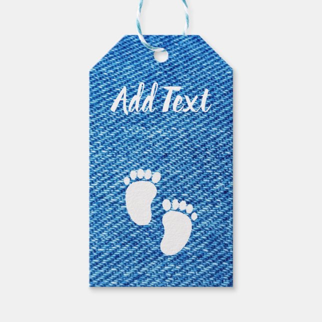 Blue Denim Baby Shower Foot Print  Gift Tags (Front)
