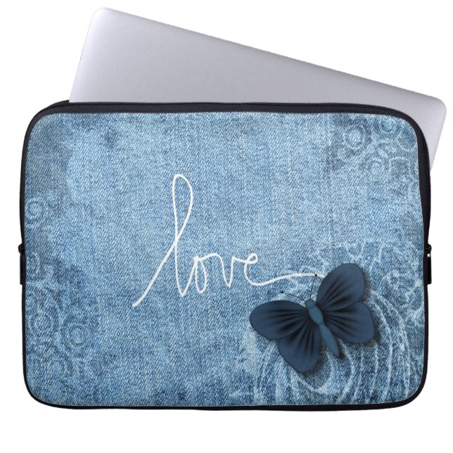 Blue Denim Butterfly Love Laptop Sleeve (Front)