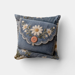 Blue Denim Daisy Embroidery Cottage Floral Pocket Cushion